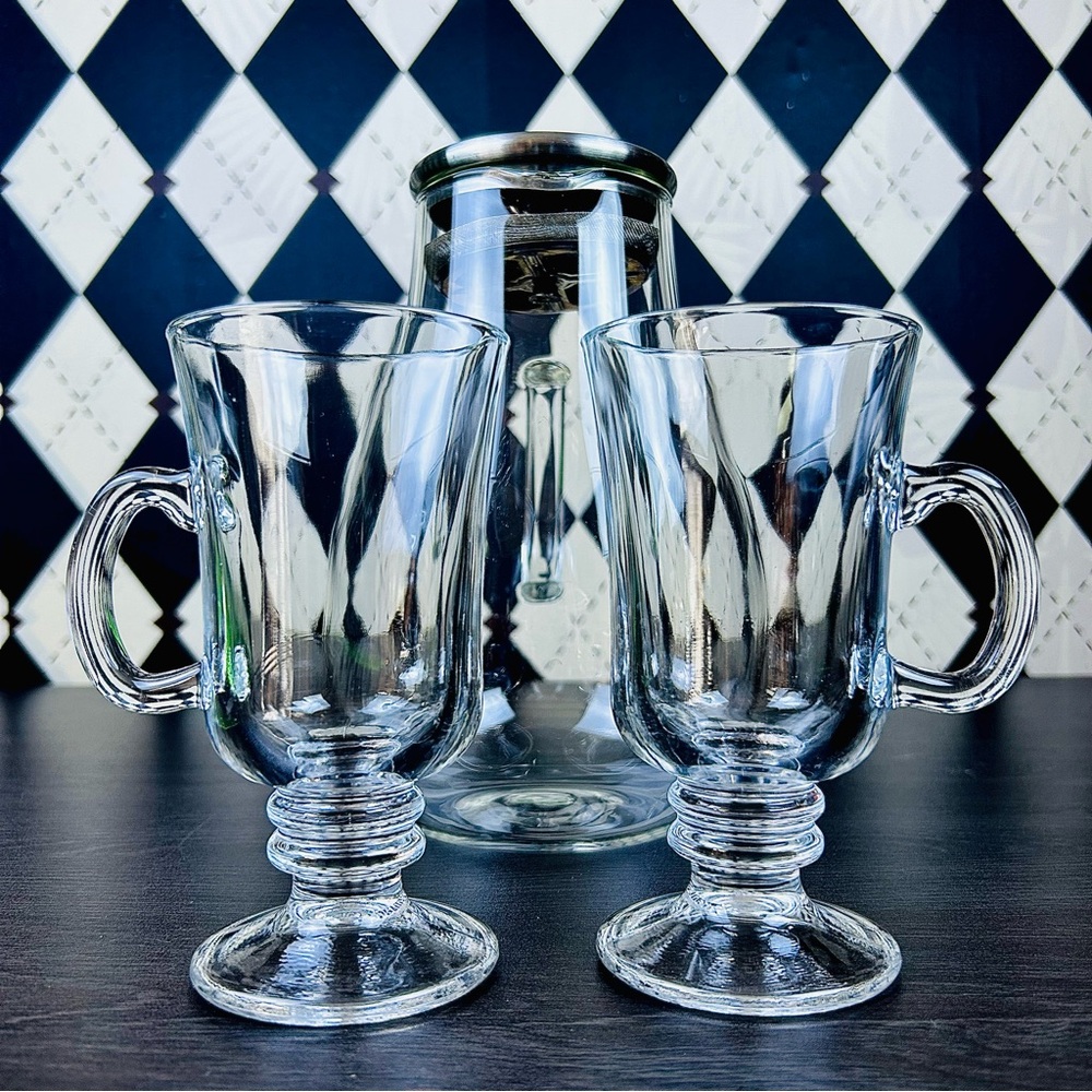 Pair Pedestal Glass Coffee Mugs with Faceted Body And Handle - Picture 3 of 9